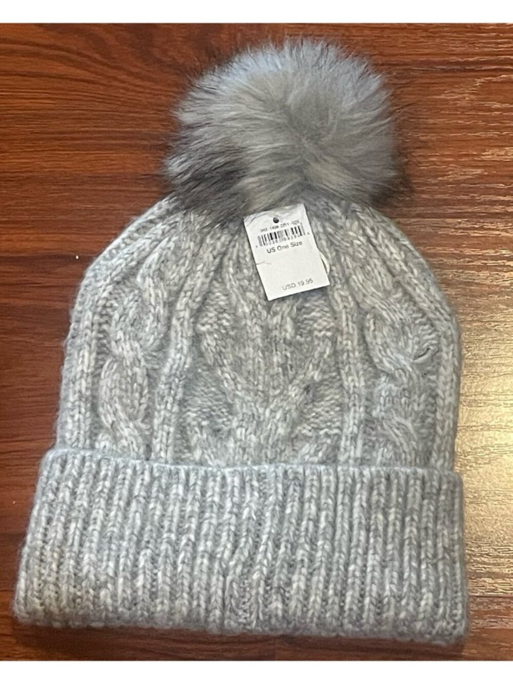 American Eagle Gray Cable Knit Beanie with Faux Fur Pom Pom